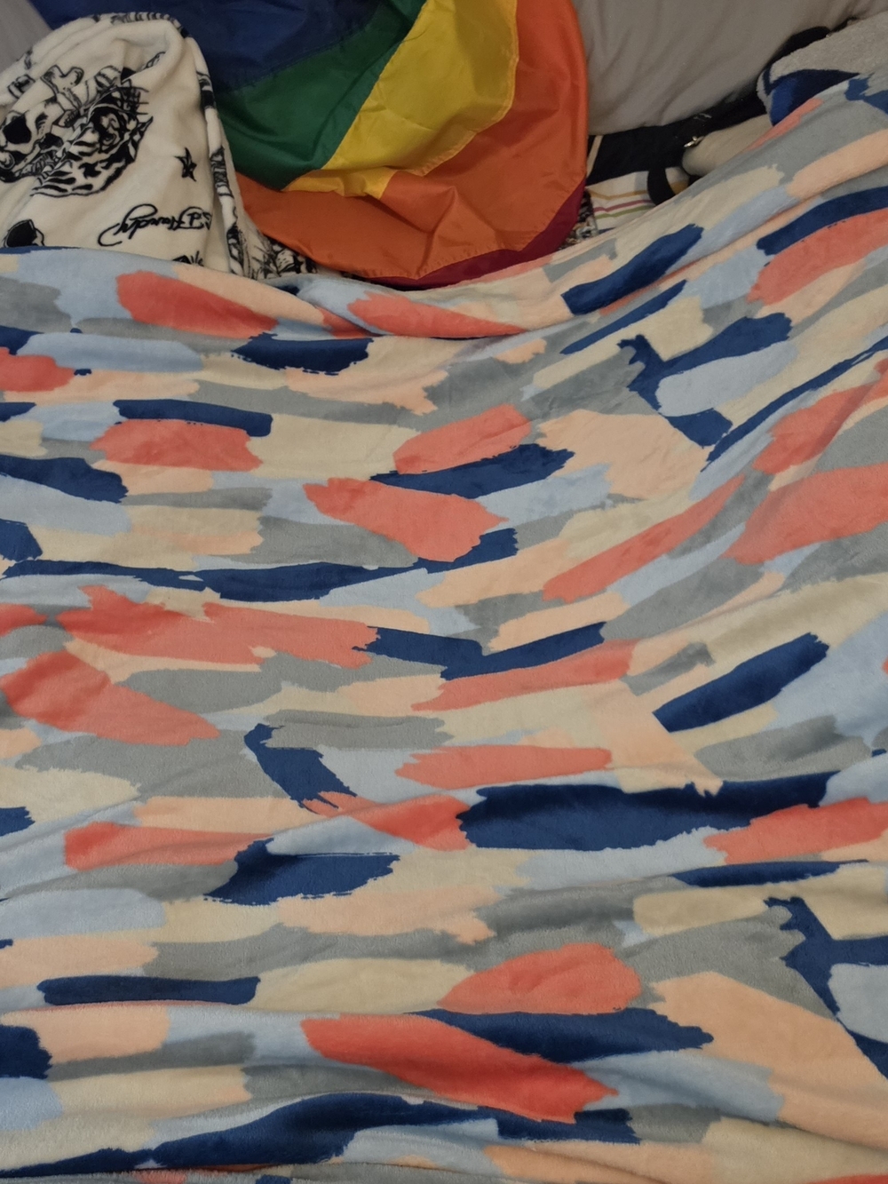 Abstract Brushstroke Soft Throw Blanket in Blue and Coral And A Sherpa Snowman